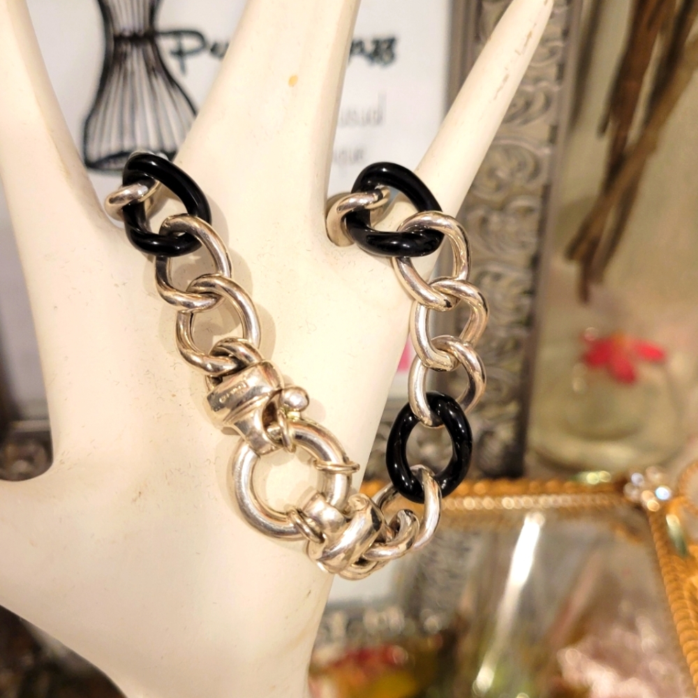 HEAVY STERLING SILVER 925 BRACELET 7.75" BLACK STONE 21.6G AMAZING VTG CI SIGNED - Picture 3 of 14